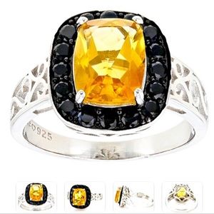 STUNNING & NEW 💍💛🖤💎 Sz 9. Citrine 5.25 ctw Ring w/ Spinel Border 925 silver